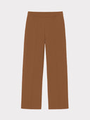 A pair of straight-leg trousers in a warm camel brown color, shown flat against a light gray background.