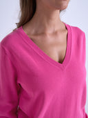 A close-up of a woman wearing a bright pink long-sleeve V-neck knit sweater against a light gray background.