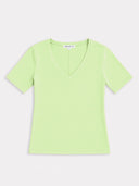 A light lime green short-sleeve V-neck t-shirt laid flat against a light gray background.