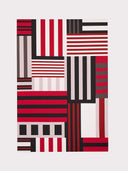 Abstract art piece with geometric shapes in red, black, and white on a light gray background