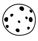 A black and white circular graphic depicting a cookie with chocolate chips.